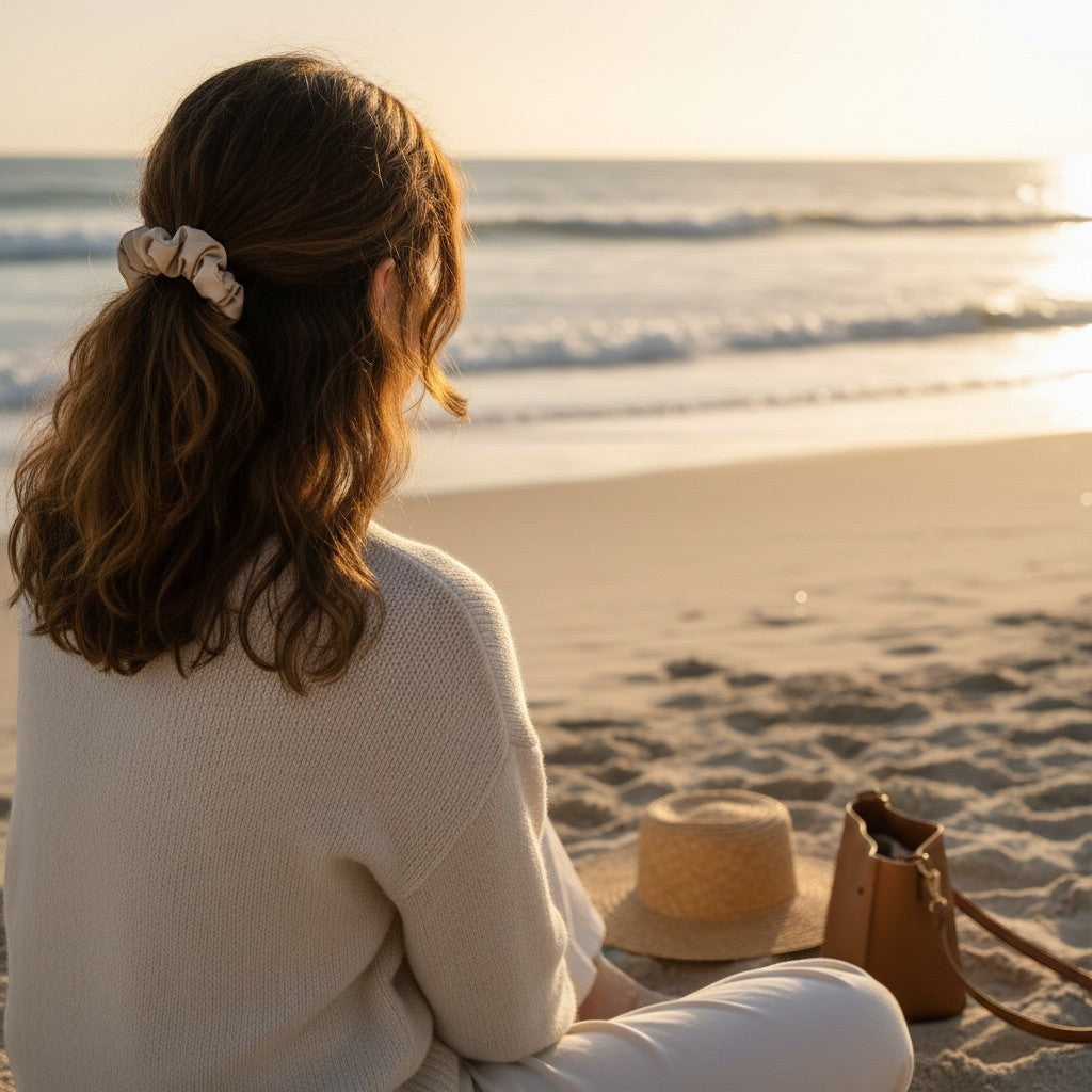 Mujer con scrunchie de seda Mulberry Vilueth beige en media coleta, sentada en la playa al atardecer.